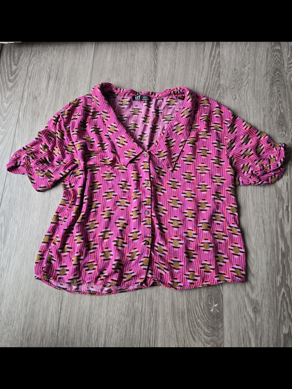Zara TRF Pink Purple Geometric Print Button Front Puff Sleeve Blouse Top Size M